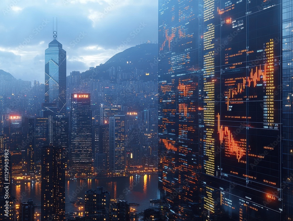 Poster emerging blockchain analytics secure ecosystems in futuristic cityscape data visualization urban env