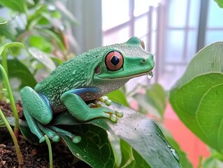 Fototapeta premium Vibrant green tree frog observing nature in a lush garden oasis close-up view artistic animal impression