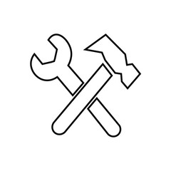 Vector illustration of toolkit featuring wrench and hammer icons in linear and silhouette styles. Used for repair symbols and technical tool collections