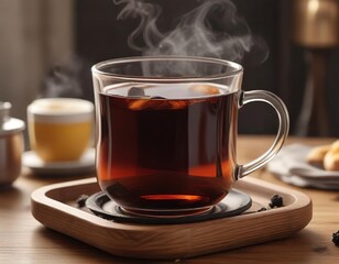 Steaming black tea in glass, wooden holder  Retro styled breakfast setting ,  caffeine,  table