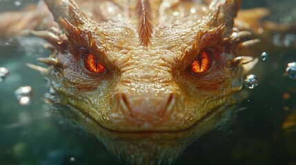 Close-up of a dragon's head emerging from water.