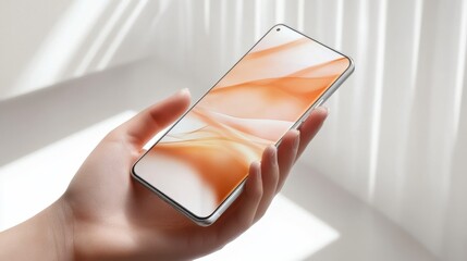 A Hand Holding a Sleek Smartphone with a Stunning Abstract Orange Wallpaper Display in a Brightly Lit Interior Setting