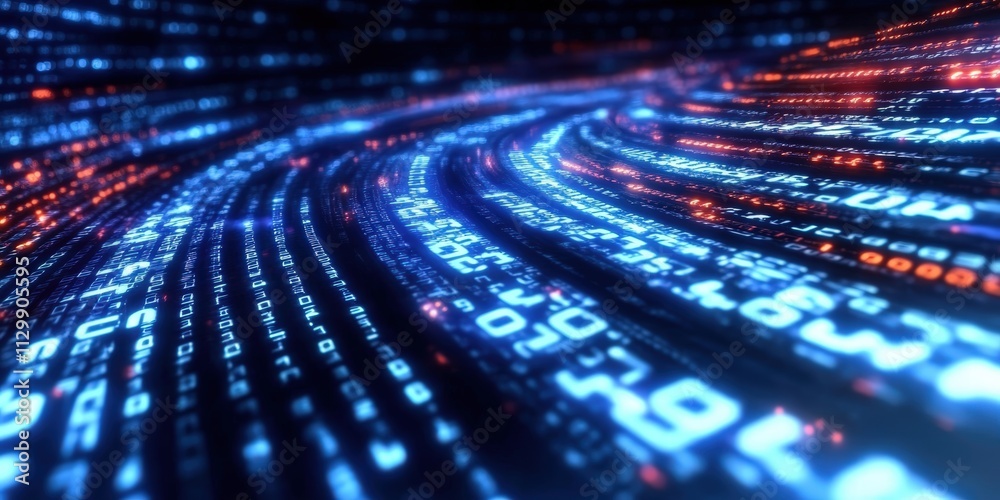 Poster flowing digital binary code background with glowing lines and vibrant colors for technology and data