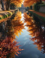 Vibrant autumn leaves reflected in calm Dublin canal water , river, orange, shadow