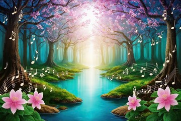 Enchanting Forest of Spirits and Blossoms Featuring Musical Notes for Emotional Healing and Self-Care