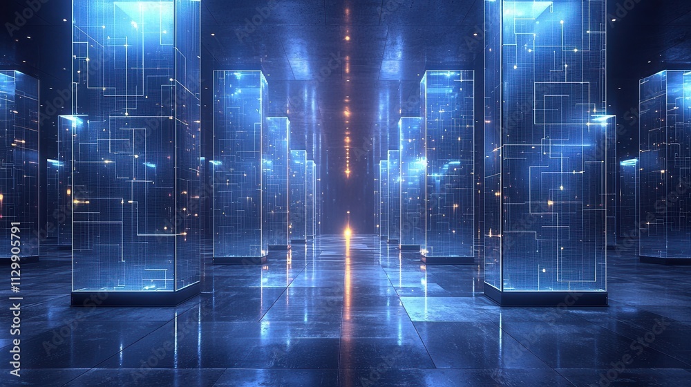 Poster innovative blockchain technology advancements virtual data center digital art futuristic setting aer