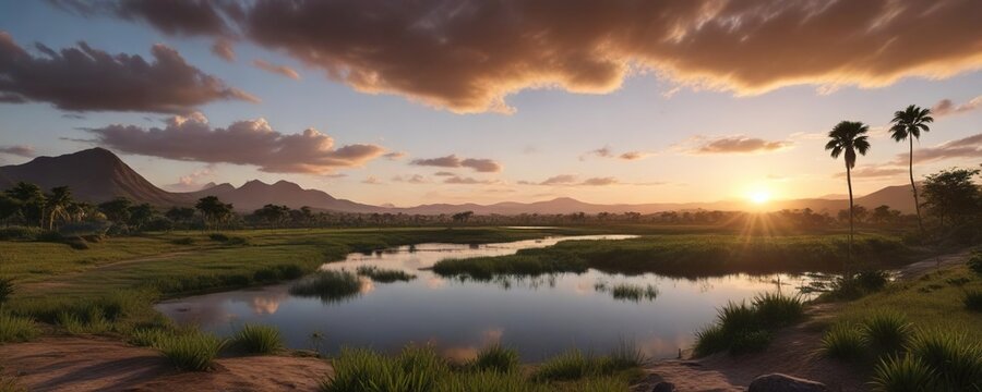 Vista desde una colina del r&iacute;o Arauca en los llanos orientales de Arauquita, con un atardecer hermoso, landscape, hill