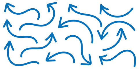 Arrows hand drawn doodle icons set. Doodle curved arrow collection. Curved cartoon arrows sketches collection. Scribble swirl arrow signs. Vector illustration.