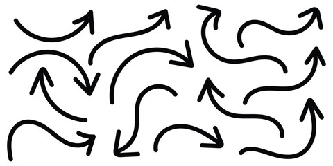 Set of simple lines hand drawn black arrows in various style. Hand drawn vector arrows doodle set on white background. Scribble swirl arrow signs. Curved cartoon arrows sketches. Vector illustration. 