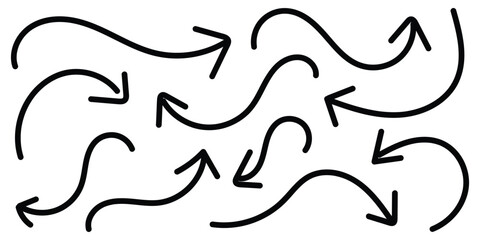 Set of simple lines hand drawn black arrows in various style. Hand drawn vector arrows doodle set on white background. Scribble swirl arrow signs. Curved cartoon arrows sketches. Vector illustration. 