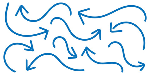 Arrows hand drawn doodle icons set. Doodle curved arrow collection. Curved cartoon arrows sketches collection. Scribble swirl arrow signs. Vector illustration.