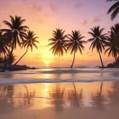 Yellow sunset on the beach with palm trees and abstract brushstrokes in soft pastel colors, sandy dunes, beach scene, ocean waves