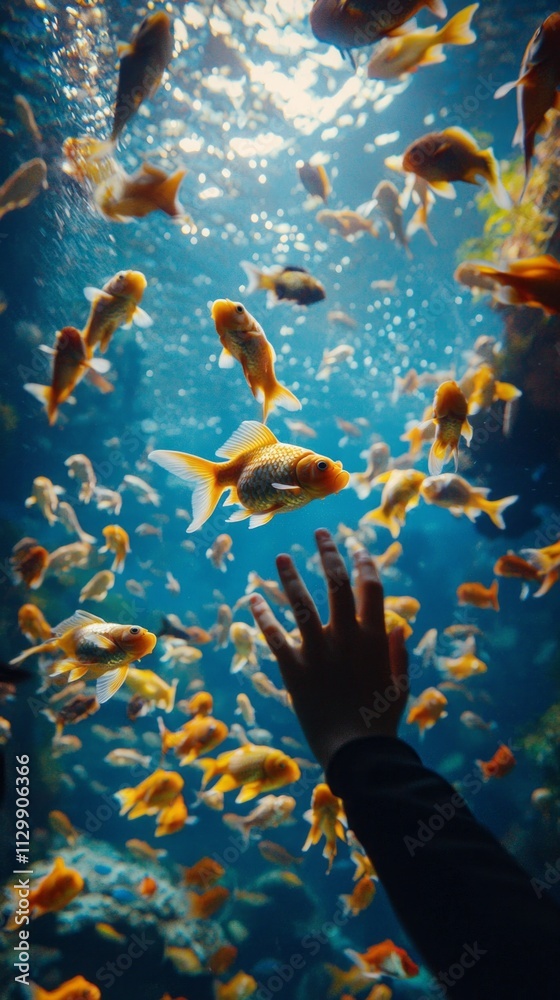 Poster golden fish dance in the water, surrounding a reaching hand. sunlight filters through the surface, c