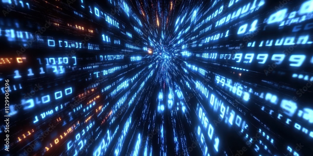 Poster digital background featuring flowing lines of binary code in vibrant blue and orange colors with a f