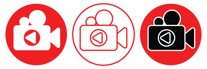 Play button on video camera icon. Video icon set. video camera icon vector. movie sign. Video chat meeting icon. Movie camera icon. Vector illustrator. 