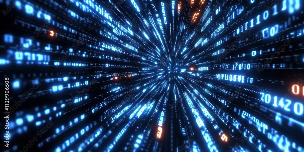 Poster dynamic flow of digital binary code with flowing lines and bright colors in a futuristic background