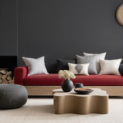 Home interior design of gray living room with wooden floor, home interior mockup