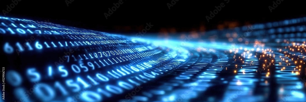 Poster abstract digital background with flowing lines of binary code highlighted in blue and black for tech