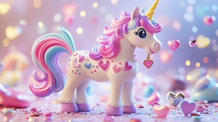 Fototapeta premium Adorable Pastel Unicorn in a Whimsical Candyland Setting: A Magical Fairytale Scene with Hearts and Sprinkles