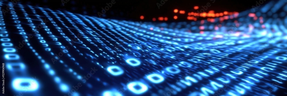 Poster abstract digital background featuring flowing binary code with soft light effects for technology and