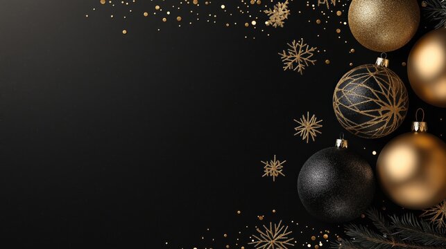 Black background with gold Christmas decorations. Gold, black ornaments, glitter confetti create festive design. Christmas balls, snowflakes scattered over dark surface. Design suitable for greeting