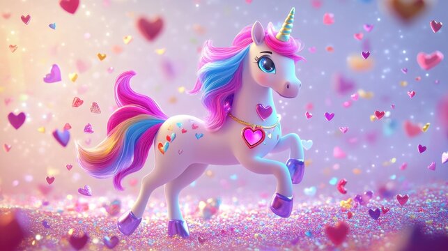 Magical Rainbow Unicorn in a Heartfelt Glitter Wonderland: A Whimsical Digital Art Creation