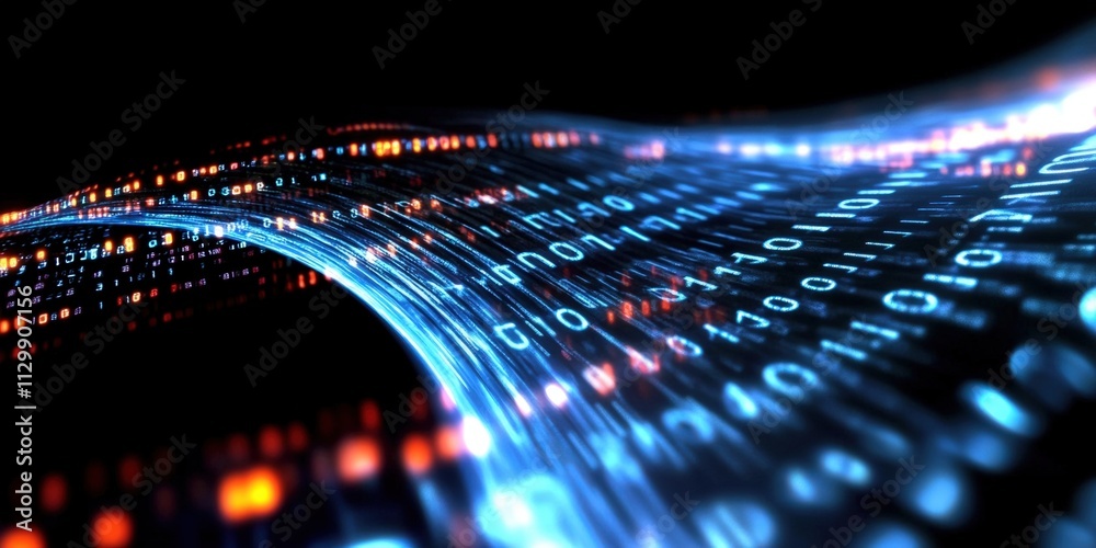 Poster flowing binary code background with digital data stream, abstract visualization of technology and in