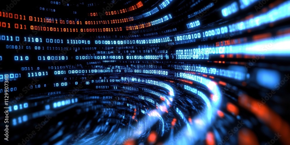 Poster abstract digital background featuring flowing binary code in red and blue, representing data streams