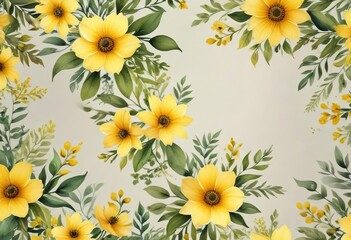 Naklejka premium Watercolor artwork of yellow floral elements with greenery, summertime, fragrant, simple, botanical painting, soft colors