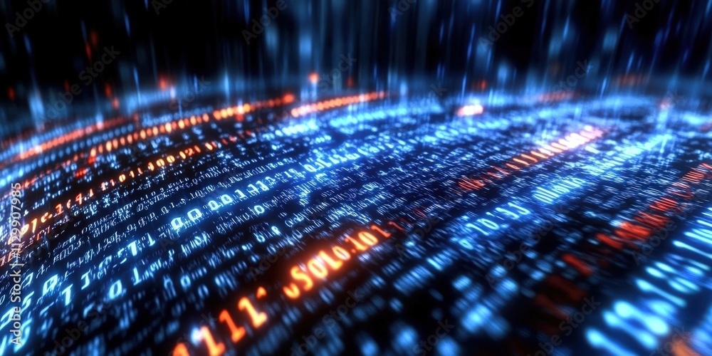 Poster abstract digital background with colorful binary code flowing in a technological space environment