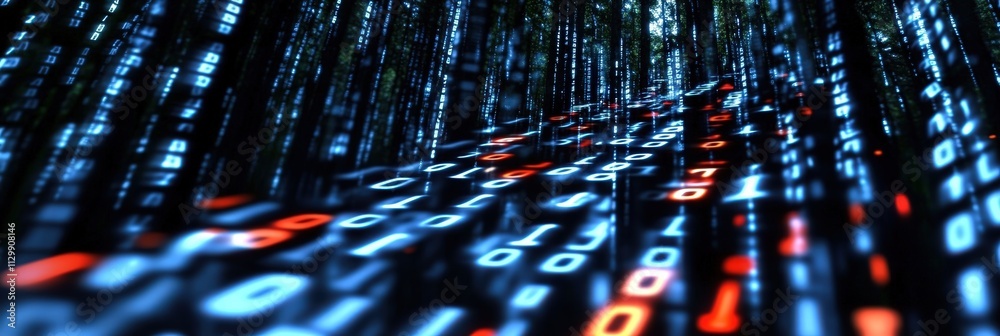 Poster abstract digital data background with streams of binary code illuminating a high-tech environment in