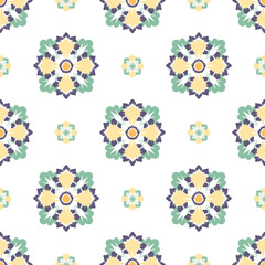 Green and yellow floral embroidery, motif ethnic ikat seamless textile illustration, print striped ornament, pattern, design for wrapping, silk, scarf, background, and textile.