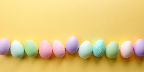Pastel-colored eggs in a row on a yellow background, perfect for spring celebrations and festive designs.