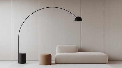 Minimalist sofa with arc floor lamp in a modern living space