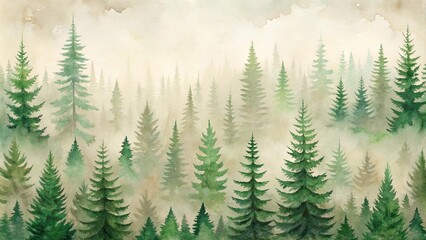 Fototapeta premium Serene Watercolor Painting of a Misty Evergreen Forest