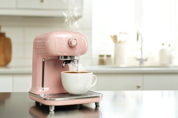 Brew fresh coffee with retro compact pink espresso machine modern kitchen product cozy atmosphere close-up vintage style