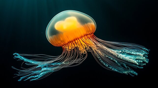 Orange jellyfish with long tentacles floating in dark water.