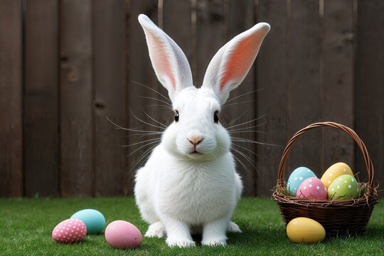 Joyful Rabbit with Long Ears and Colorful Eggs for a Vibrant Spring Festival