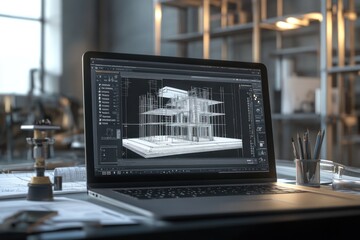 Architect's laptop displaying a 3D model of a modern house in a design studio.