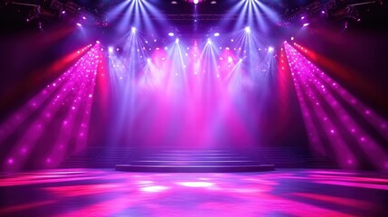 Free stage with lights, Empty stage with red and purple spotlights,. Presentation concept,	
