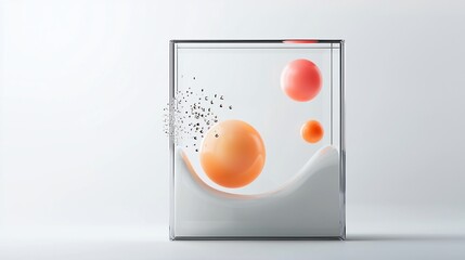 Abstract spheres in glass cube with particles.