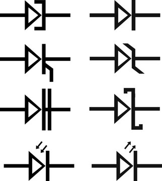 set of diode symbols in clean black lines includes Rectifier, Zener, Light-Emitting (LED), Schottky, Varactor, Tunnel, Photo