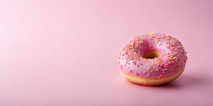 A single pink frosted donut with colorful sprinkles on a pink background