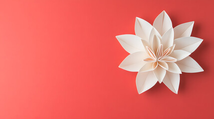 Obraz premium Floating origami lotus on tranquil red backdrop creates serene atmosphere