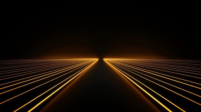 Abstract gold lines converging to vanishing point on black background.
