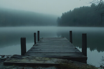 Fototapeta premium A serene foggy lake with a wooden dock leading into the misty water.