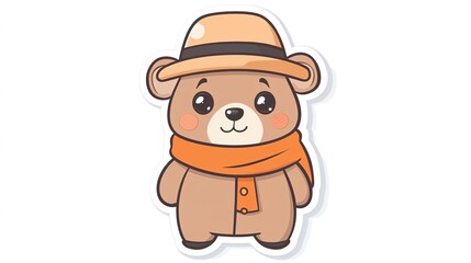 Cute Little Brown Bear Wearing an Orange Vest and Scarf – A Sticker-Style Cartoon Vector Drawing with Simple Lines and Shapes.