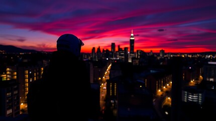 Obraz premium Engineer inspects telecom tower on city skyline at dusk, symbolizing connectivity.