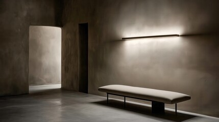 Fototapeta premium Minimalist hallway with ambient lighting and a simple bench against textured walls