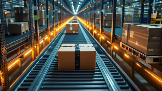Packages moving through an automated sorting center in a bustling warehouse at night
